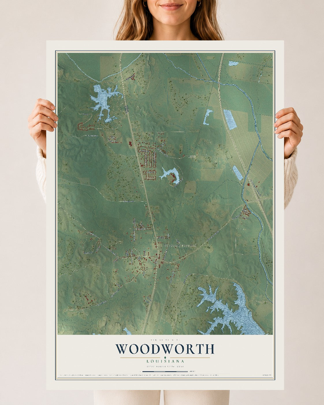Map of Woodworth, Louisiana, 24 x 36 inch unframed archival matte print