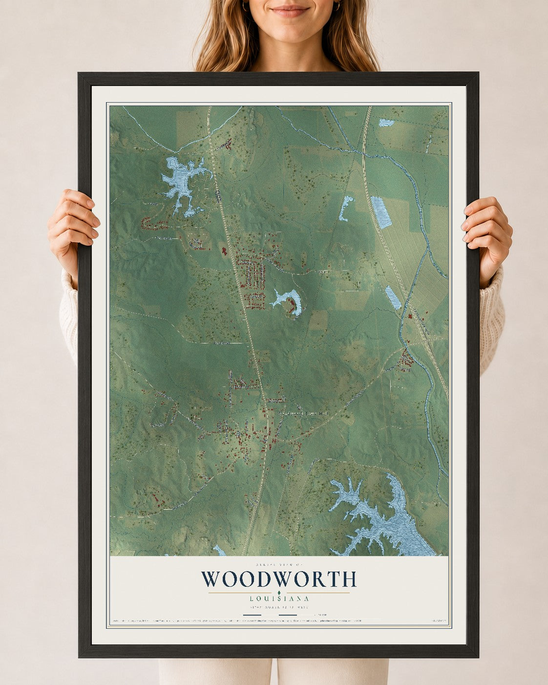 Map of Woodworth, Louisiana, 24 x 36 inch print in a black wood frame