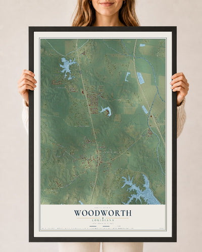 Map of Woodworth, Louisiana, 24 x 36 inch print in a black wood frame