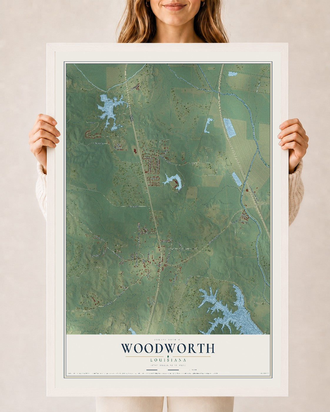 Map of Woodworth, Louisiana, 24 x 36 inch print in a white wood frame