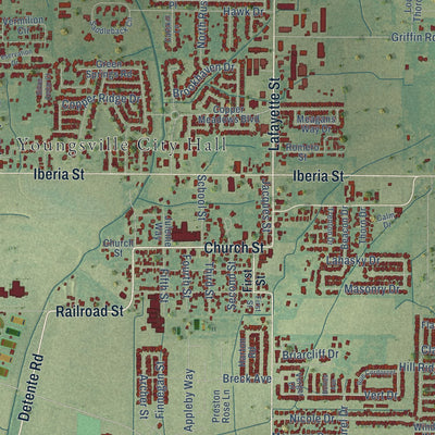 Close-up of the map of Youngsville, Louisiana print showing street and building detail