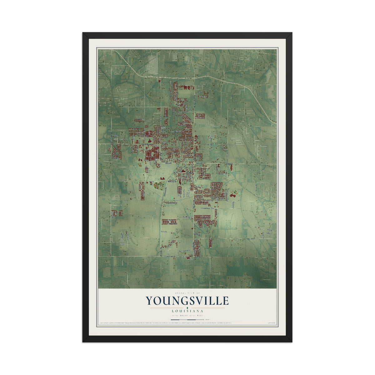Map of Youngsville, Louisiana, 12 x 18 inch print in a black wood frame