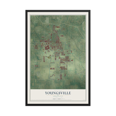 Map of Youngsville, Louisiana, 12 x 18 inch print in a black wood frame