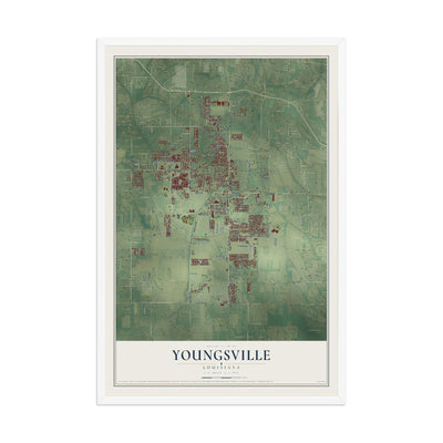 Map of Youngsville, Louisiana, 12 x 18 inch print in a white wood frame