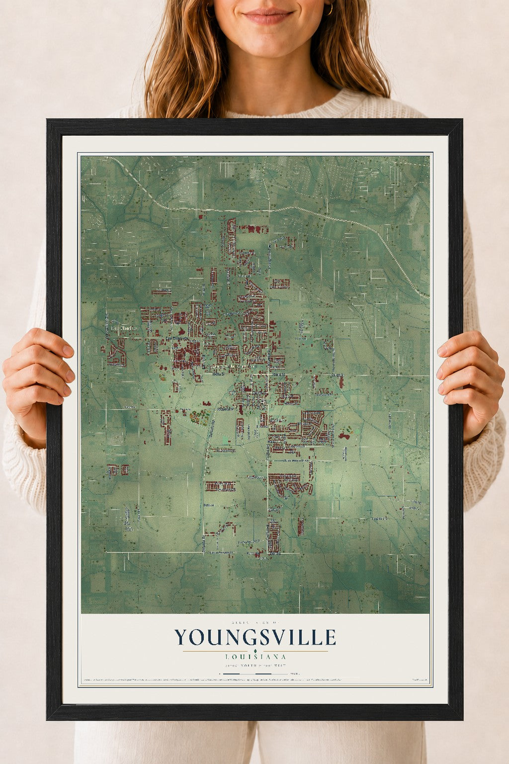Map of Youngsville, Louisiana, 18 x 24 inch print in a black wood frame