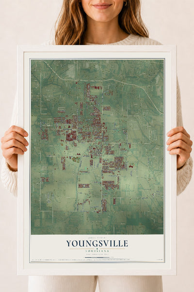 Map of Youngsville, Louisiana, 18 x 24 inch print in a white wood frame