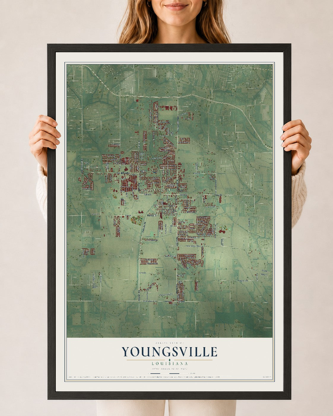 Map of Youngsville, Louisiana, 24 x 36 inch print in a black wood frame