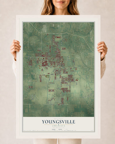 Map of Youngsville, Louisiana, 24 x 36 inch print in a white wood frame
