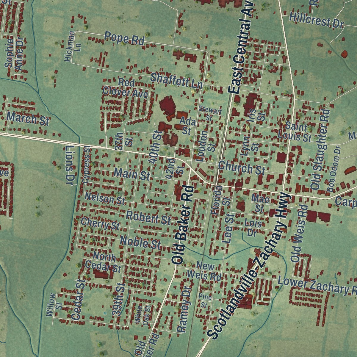 Close-up of the map of Zachary, Louisiana print showing street and building detail