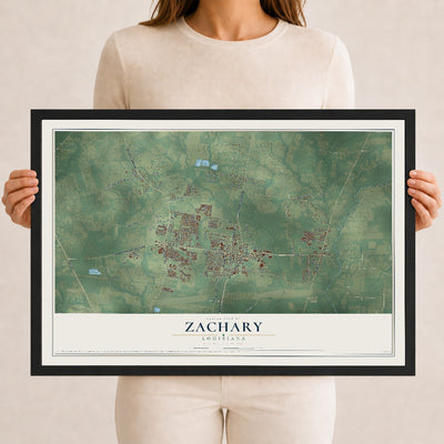 Map of Zachary, Louisiana, 12 x 18 inch print in a black wood frame