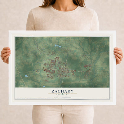 Map of Zachary, Louisiana, 12 x 18 inch print in a white wood frame