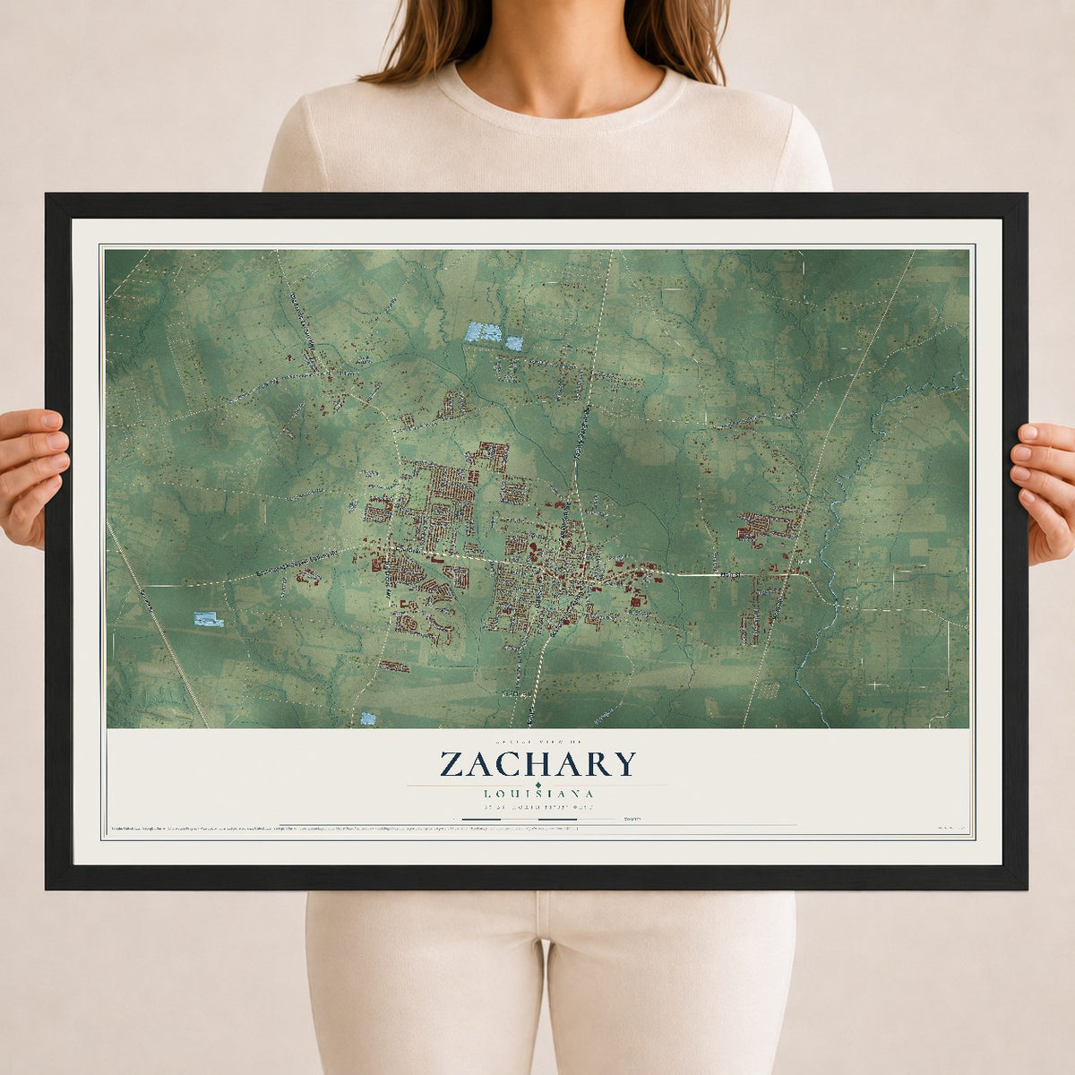 Map of Zachary, Louisiana, 18 x 24 inch print in a black wood frame