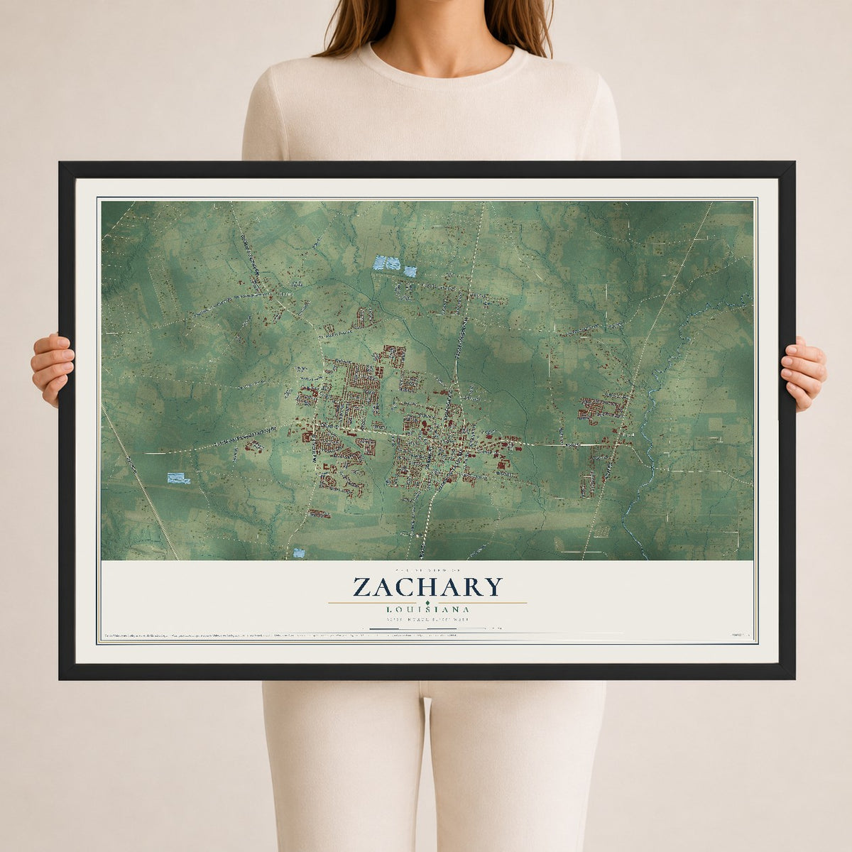 Map of Zachary, Louisiana, 24 x 36 inch print in a black wood frame