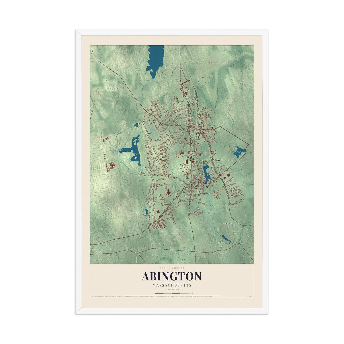 Map of Abington, Massachusetts, 12 x 18 inch print in a white wood frame