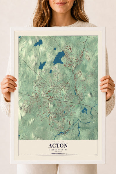 Acton, Massachusetts map print - 18 x 24 white Ayous wood frame