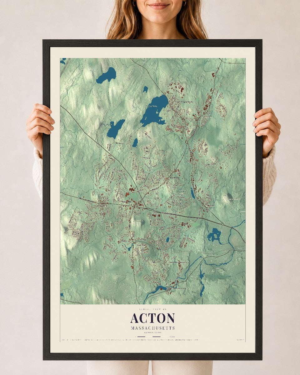 Acton, Massachusetts map print - 24 x 36 black Ayous wood frame