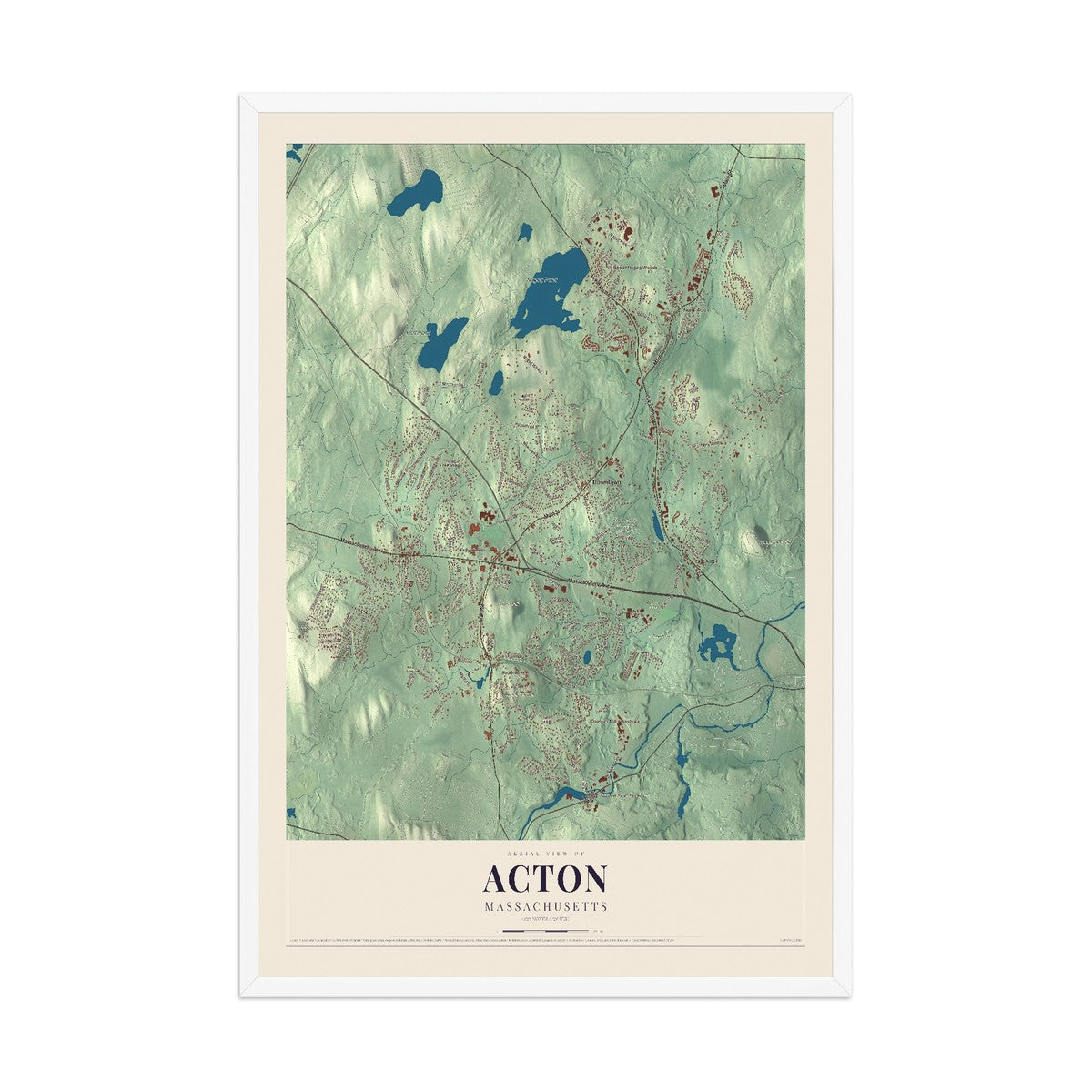 Map of Acton, Massachusetts, 12 x 18 inch print in a white wood frame