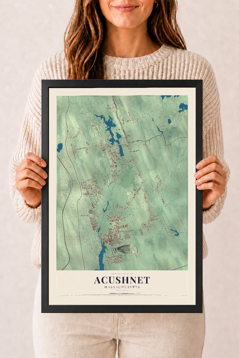 Acushnet, Massachusetts map print - 12 x 18 black Ayous wood frame