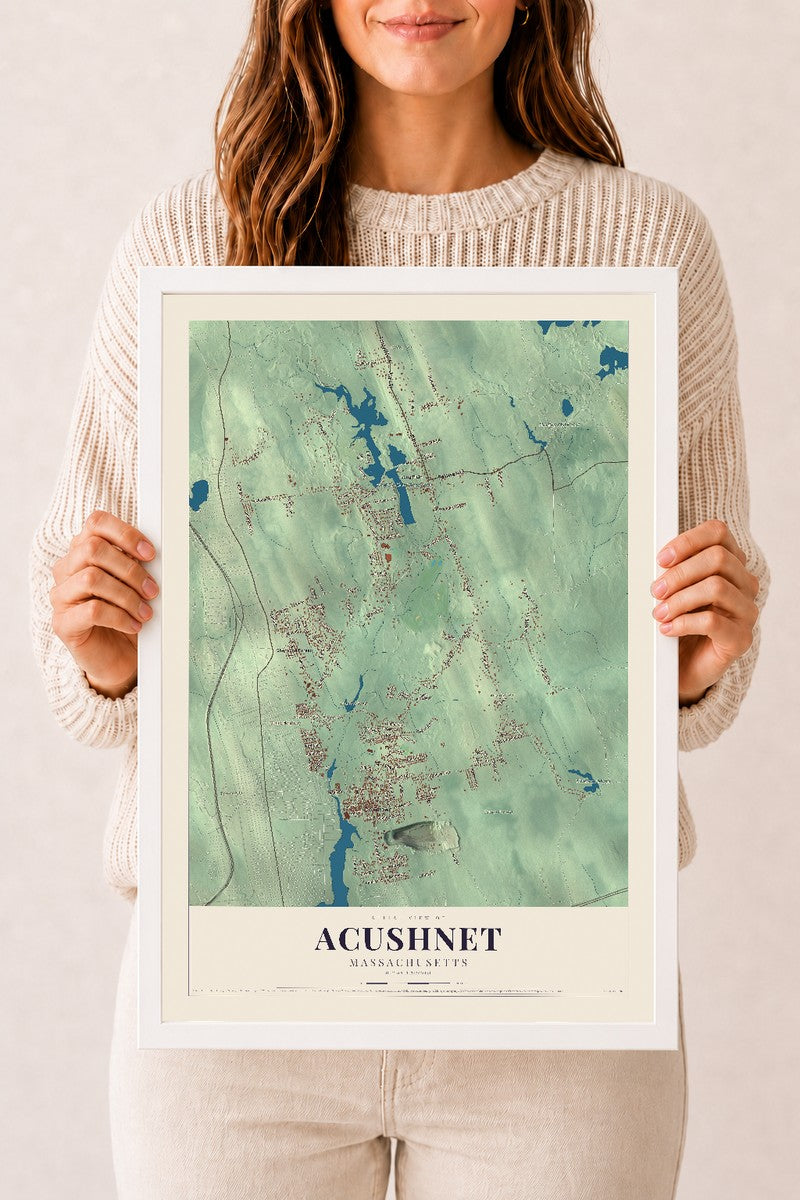 Acushnet, Massachusetts map print - 12 x 18 white Ayous wood frame
