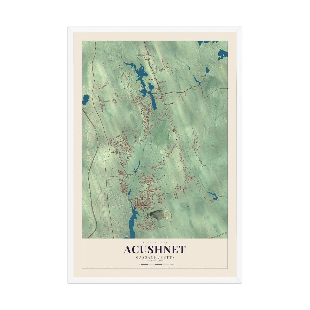 Map of Acushnet, Massachusetts, 12 x 18 inch print in a white wood frame