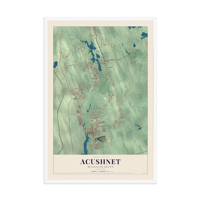 Map of Acushnet, Massachusetts, 12 x 18 inch print in a white wood frame