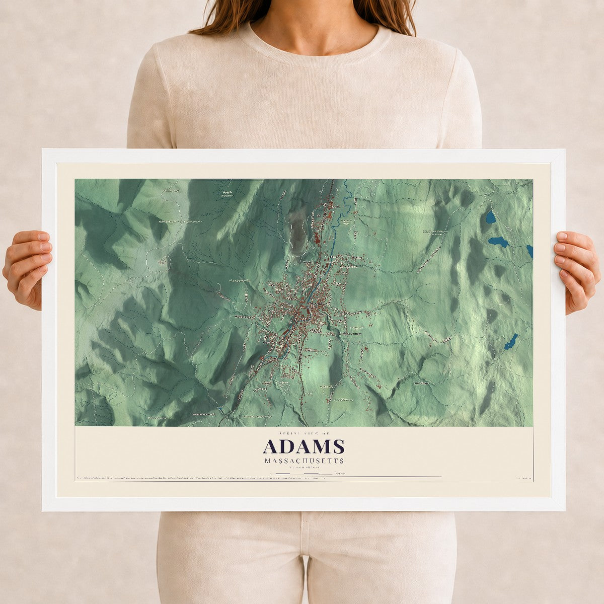 Adams, Massachusetts map print - 12 x 18 white Ayous wood frame