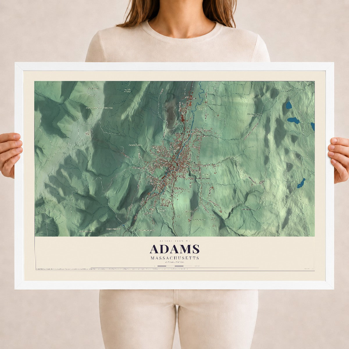 Adams, Massachusetts map print - 18 x 24 white Ayous wood frame