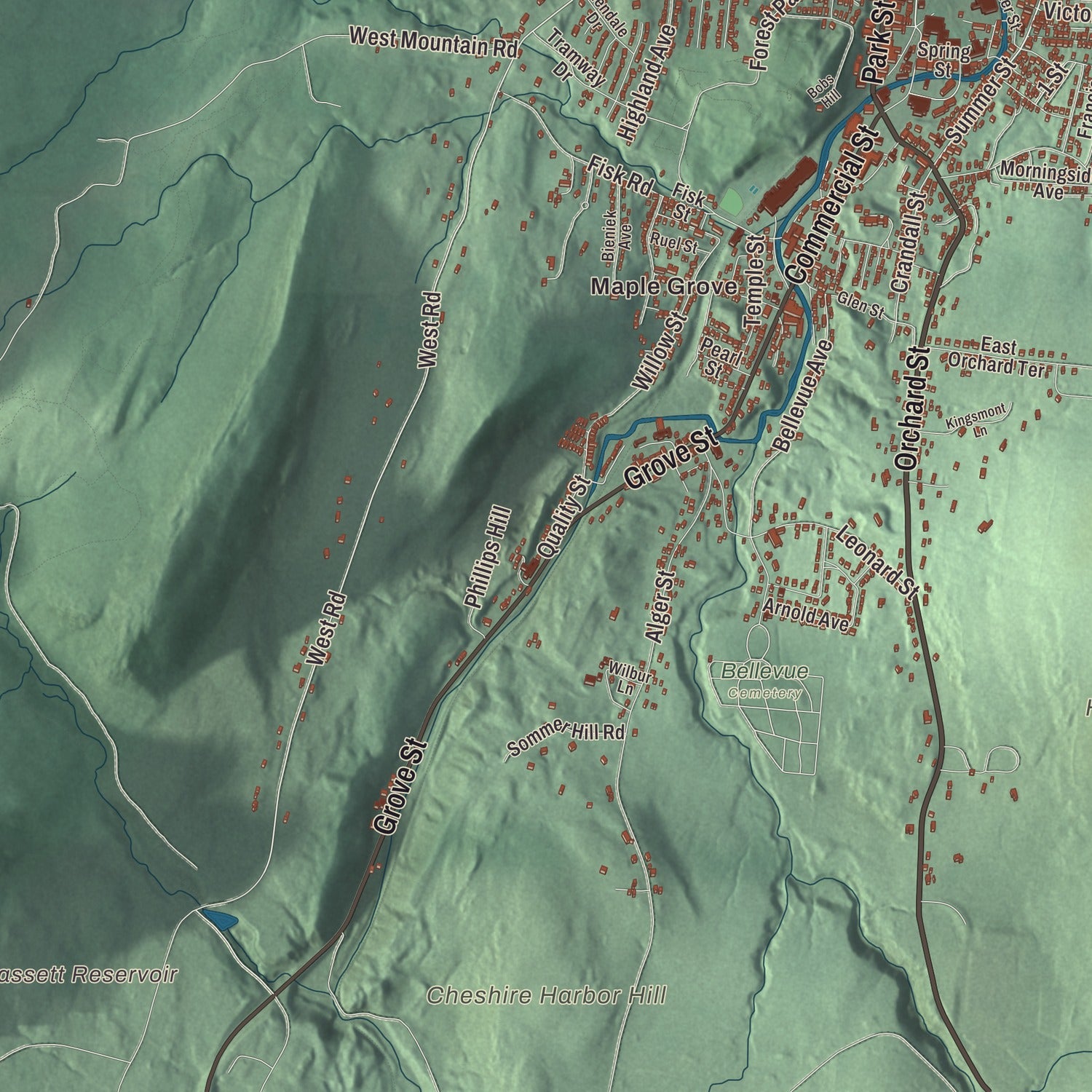 Terrain and local geography detail from the Adams, Massachusetts map