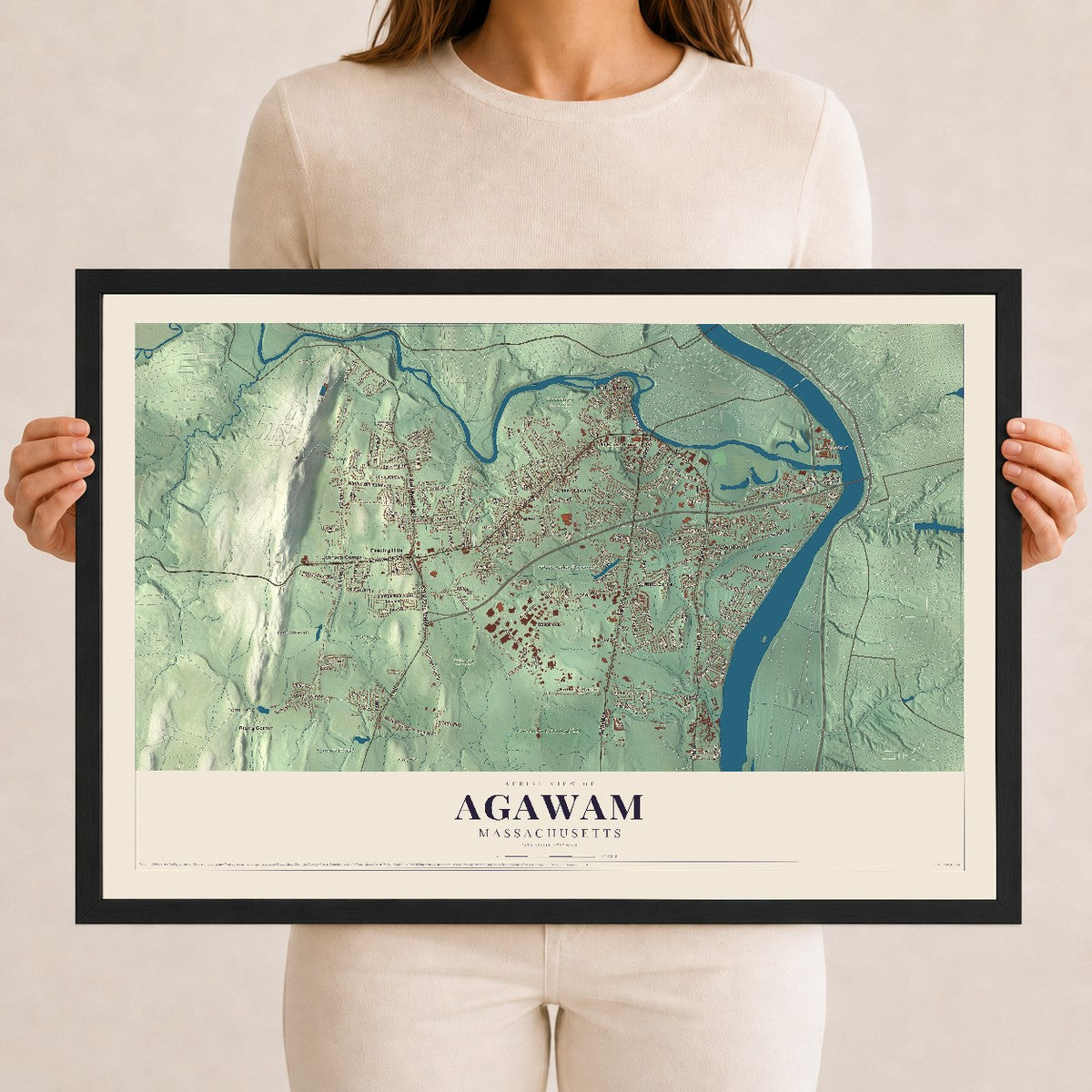 Agawam, Massachusetts map print - 12 x 18 black Ayous wood frame
