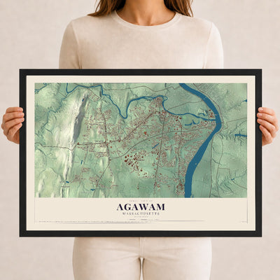 Agawam, Massachusetts map print - 12 x 18 black Ayous wood frame