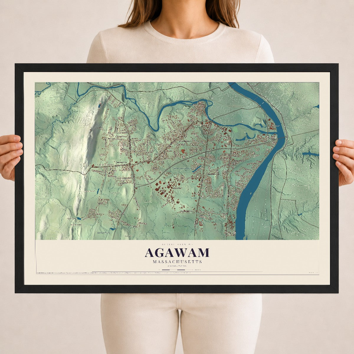 Agawam, Massachusetts map print - 18 x 24 black Ayous wood frame