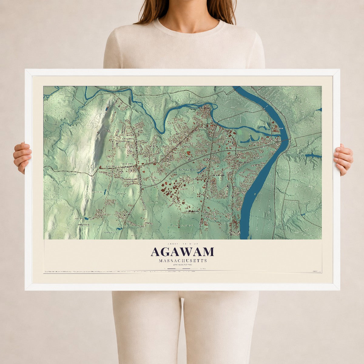 Agawam, Massachusetts map print - 24 x 36 white Ayous wood frame