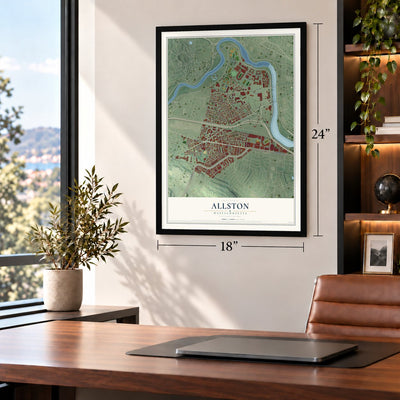 Allston, Massachusetts map, 18 x 24 inch print in a black frame in a home office
