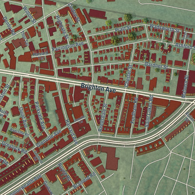 Close-up of the map of Allston, Massachusetts print showing street and building detail