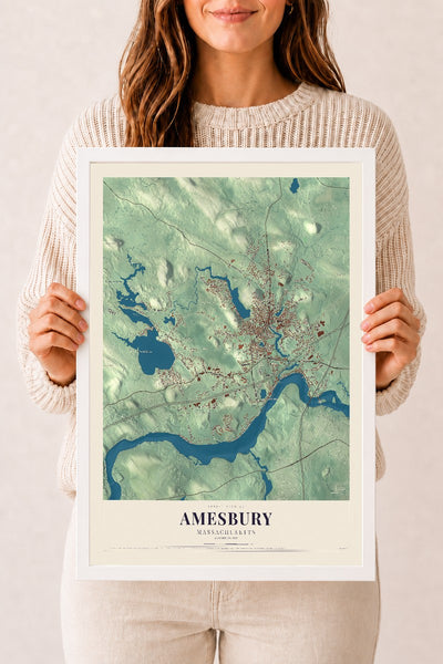 Amesbury, Massachusetts map print - 12 x 18 white Ayous wood frame