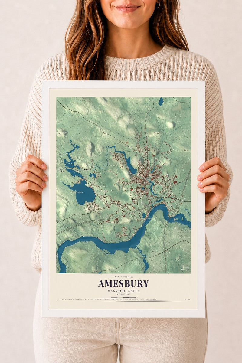 Amesbury, Massachusetts map print - 12 x 18 white Ayous wood frame
