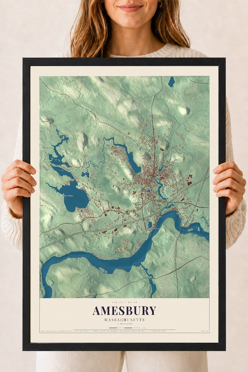 Amesbury, Massachusetts map print - 18 x 24 black Ayous wood frame