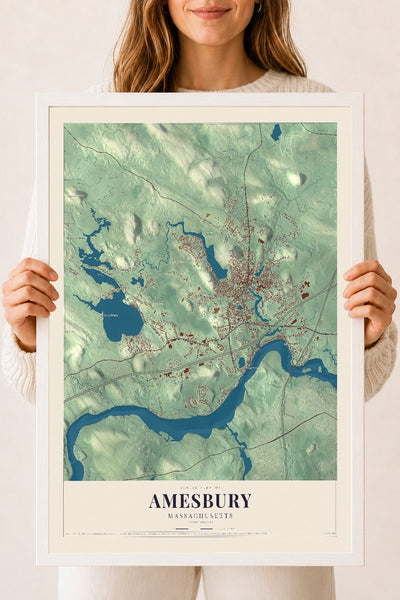 Amesbury, Massachusetts map print - 18 x 24 white Ayous wood frame