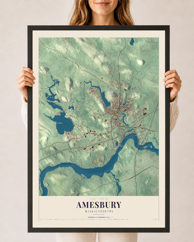 Amesbury, Massachusetts map print - 24 x 36 black Ayous wood frame