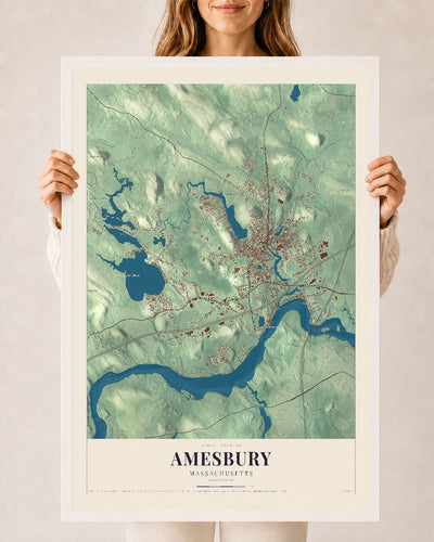 Amesbury, Massachusetts map print - 24 x 36 white Ayous wood frame