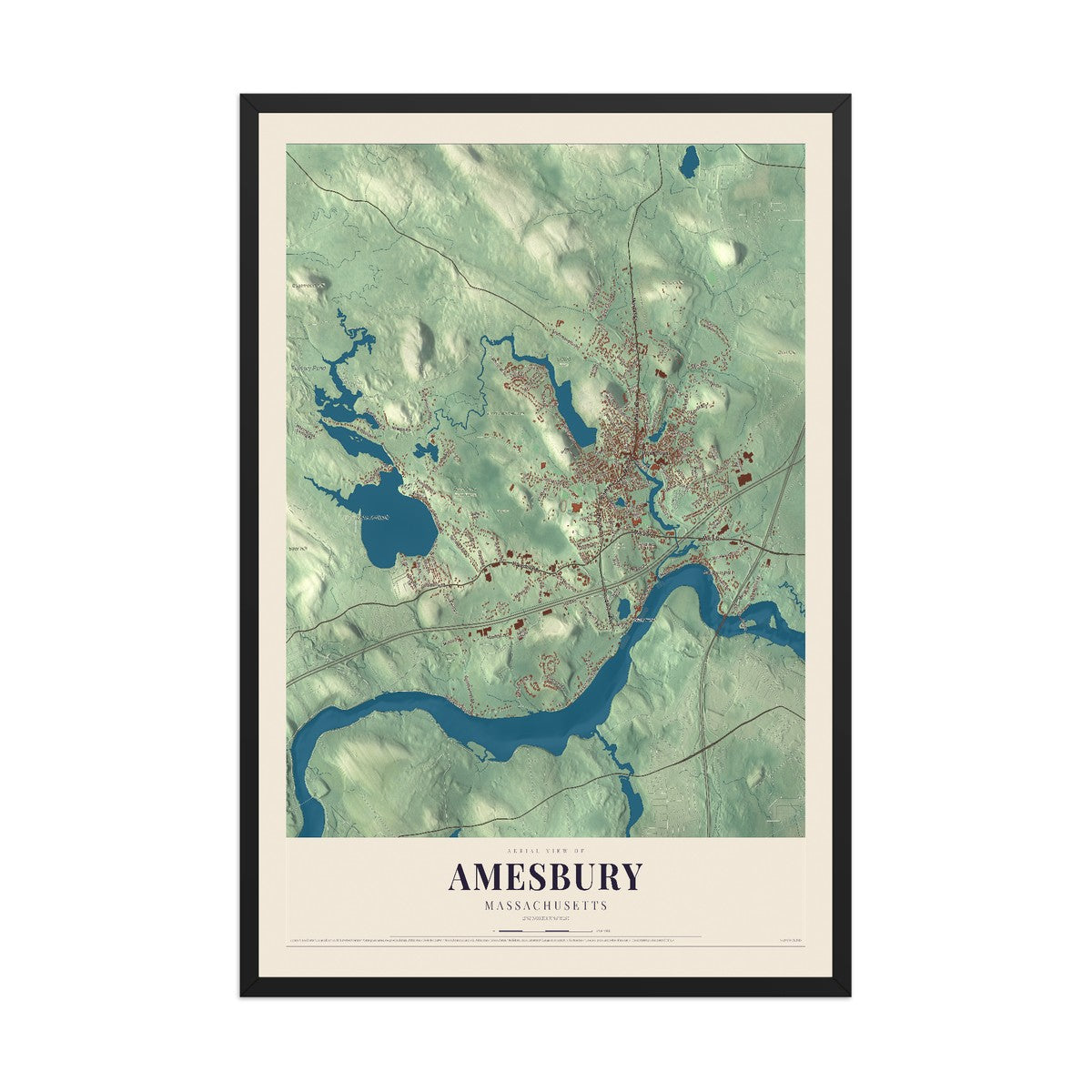 Map of Amesbury, Massachusetts, 12 x 18 inch print in a black wood frame