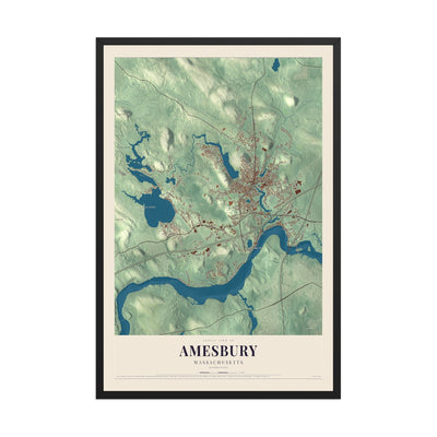 Map of Amesbury, Massachusetts, 12 x 18 inch print in a black wood frame
