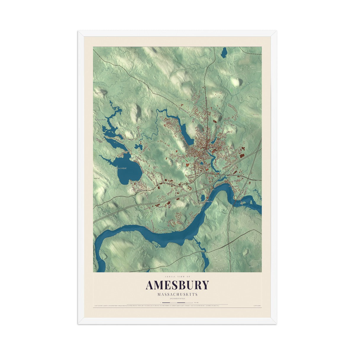 Map of Amesbury, Massachusetts, 12 x 18 inch print in a white wood frame