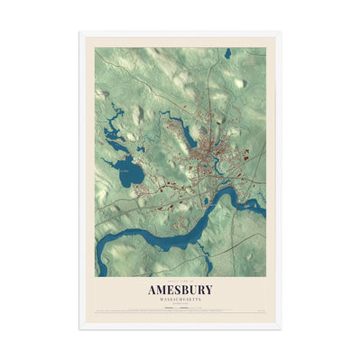 Map of Amesbury, Massachusetts, 12 x 18 inch print in a white wood frame