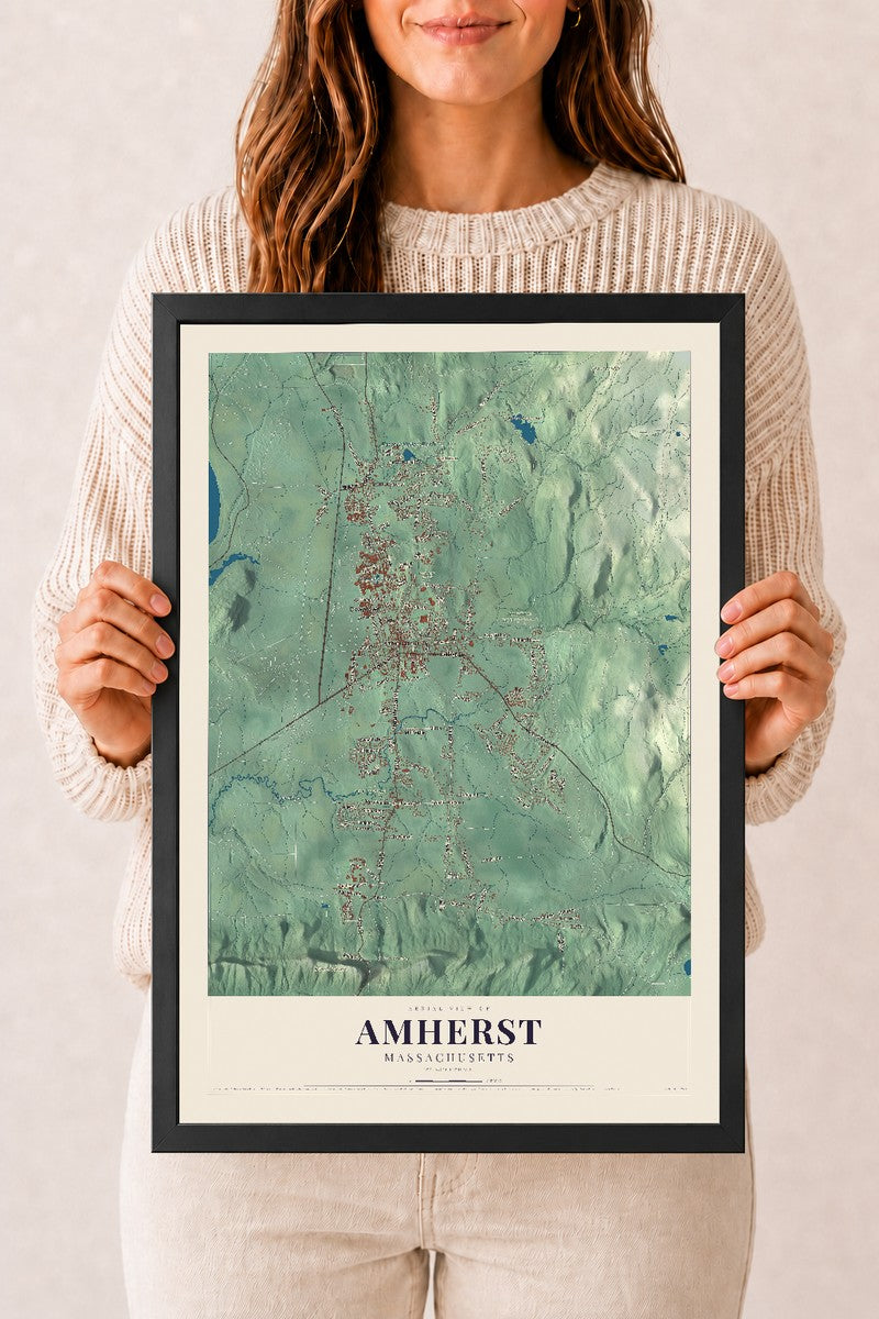 Amherst, Massachusetts map print - 12 x 18 black Ayous wood frame