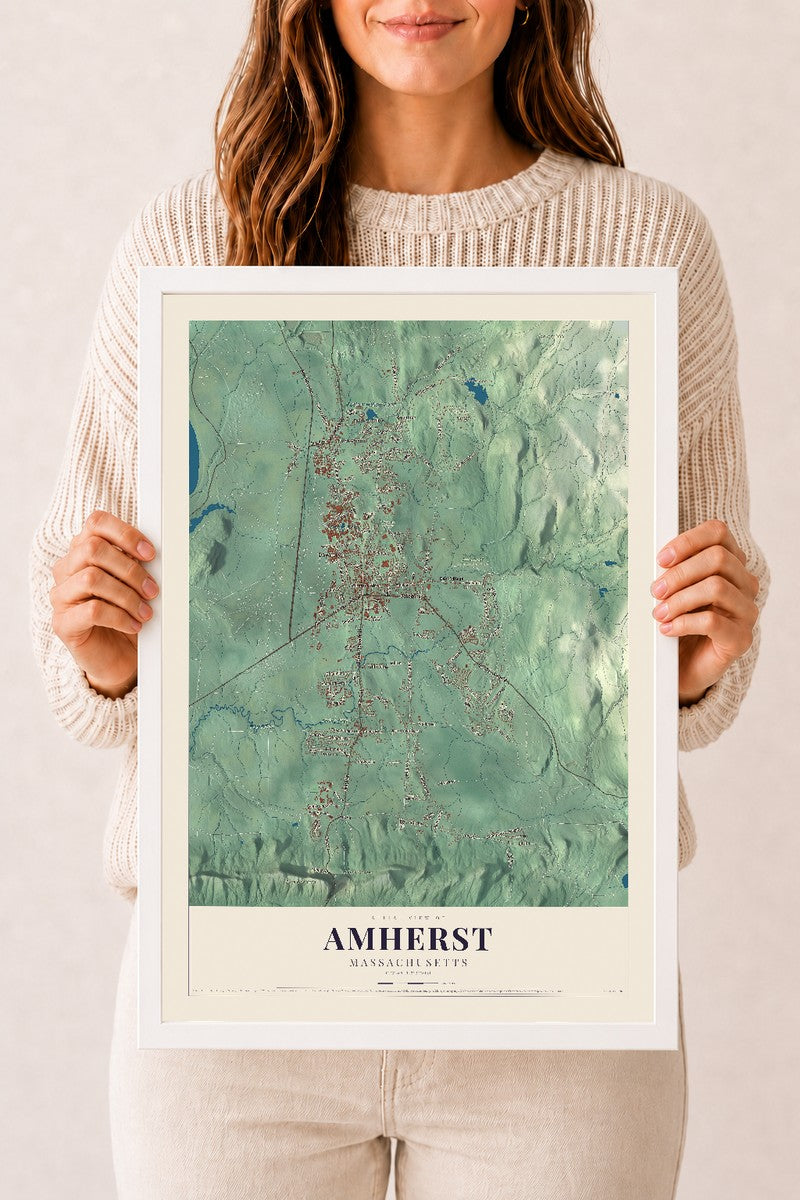Amherst, Massachusetts map print - 12 x 18 white Ayous wood frame