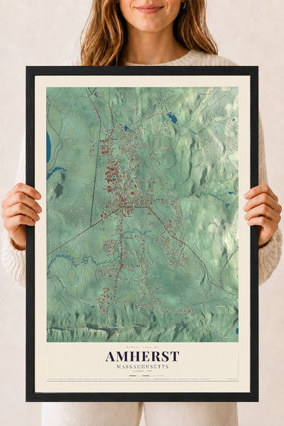 Amherst, Massachusetts map print - 18 x 24 black Ayous wood frame