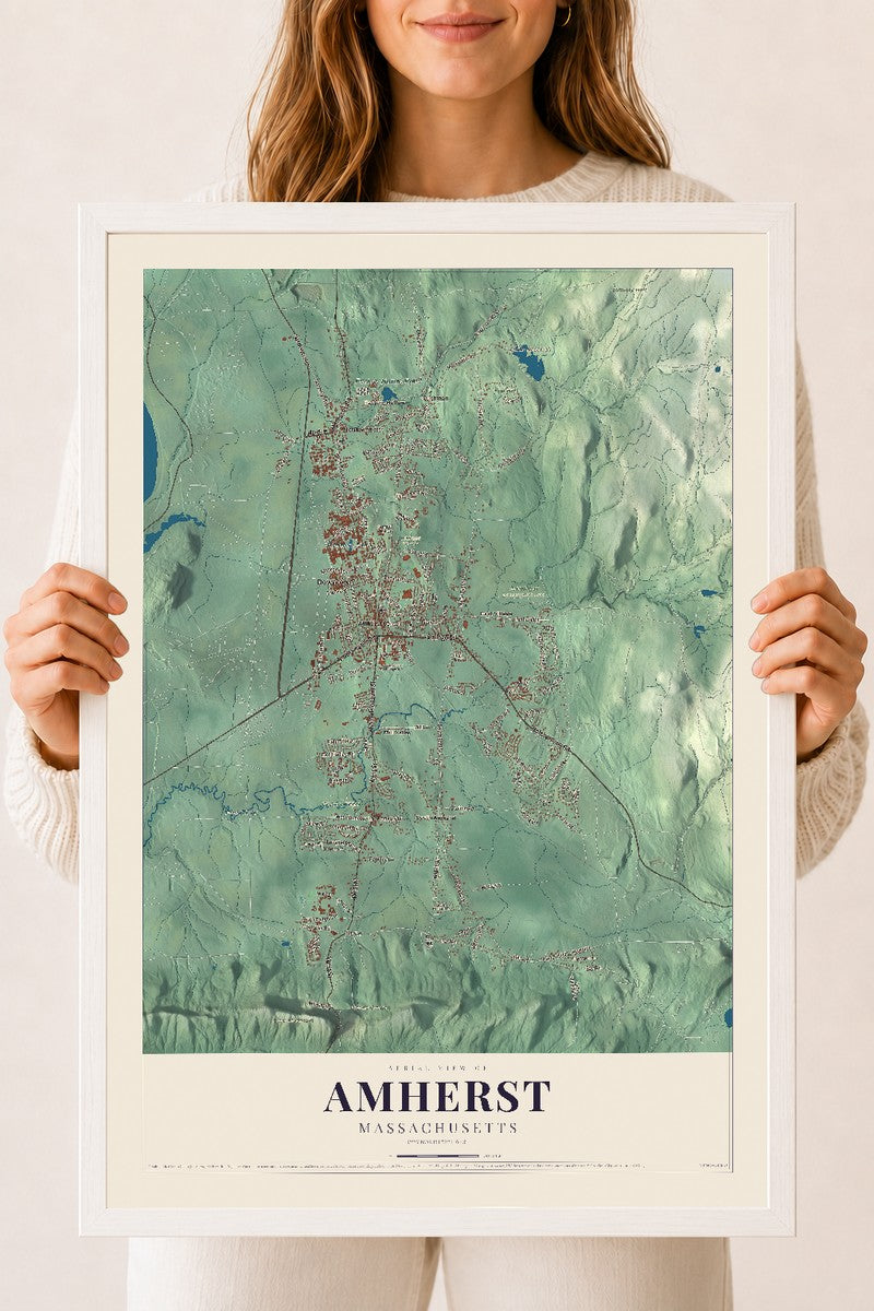 Amherst, Massachusetts map print - 18 x 24 white Ayous wood frame