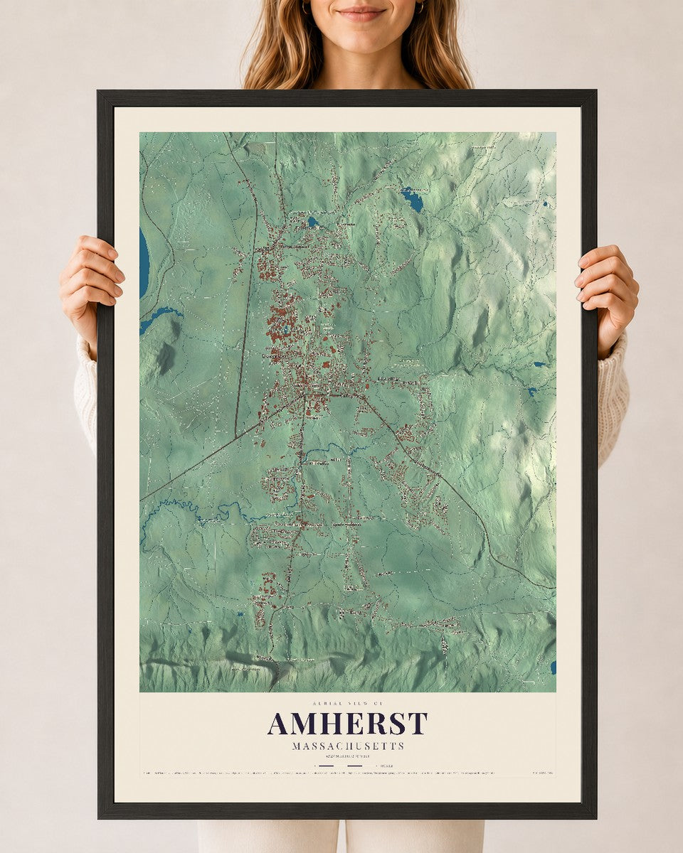 Amherst, Massachusetts map print - 24 x 36 black Ayous wood frame