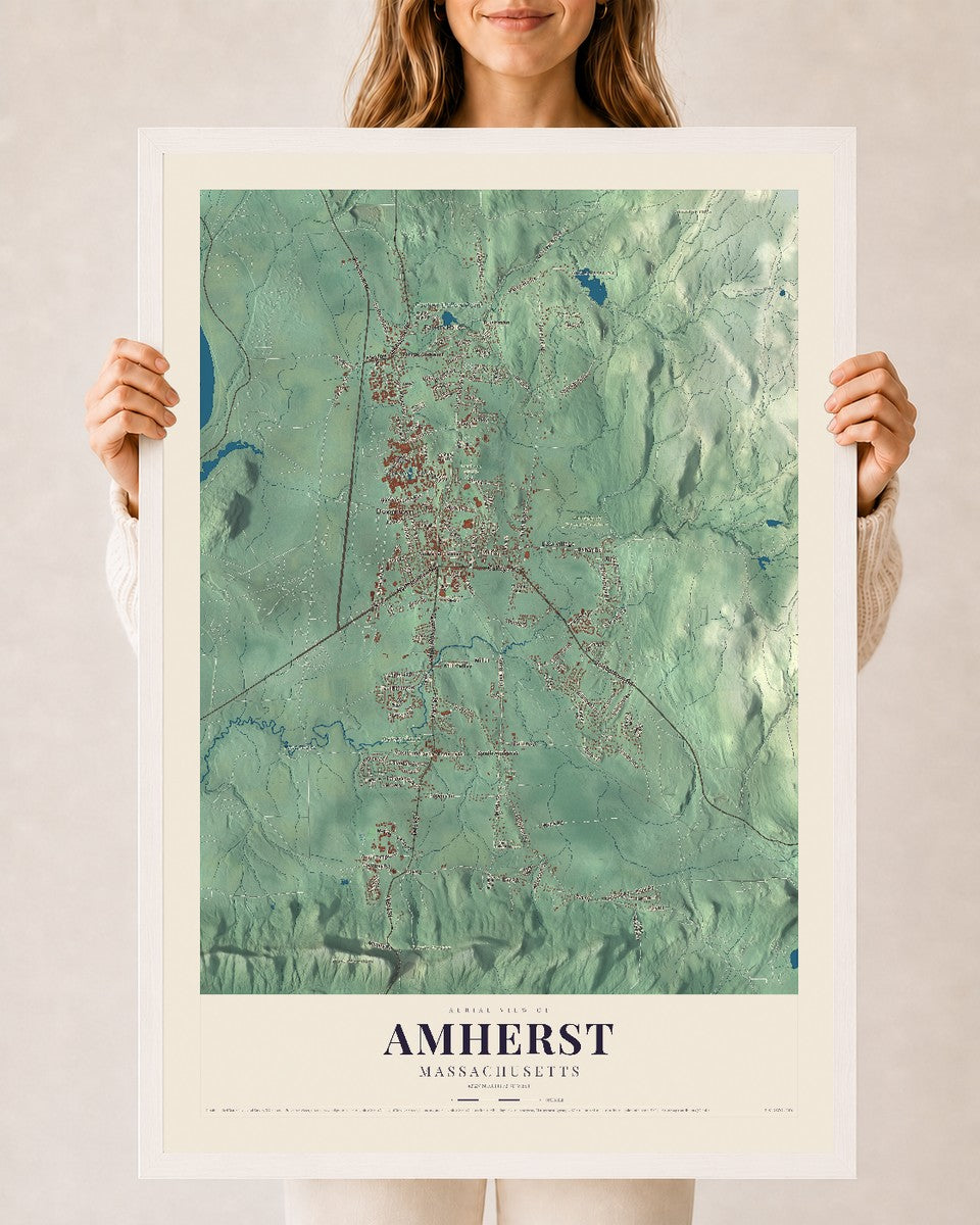 Amherst, Massachusetts map print - 24 x 36 white Ayous wood frame